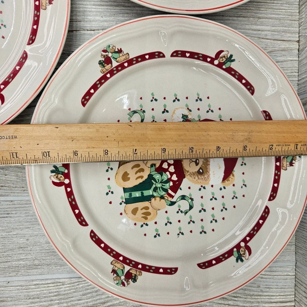 Tienshan Stoneware Country Christmas Teddy Bear Present Dinner Plates Set of 3